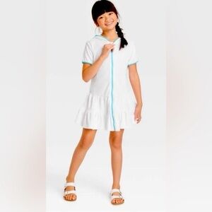 White Hooded Dress with Blue Trim